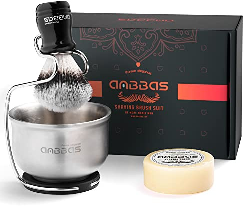 Anbbas Juego de brochas de afeitar de tejón sintético, juego de afeitado 4 en 1 con soporte de acero inoxidable y bandeja de espuma de espuma, 3,5 oz, repuesto para hombres