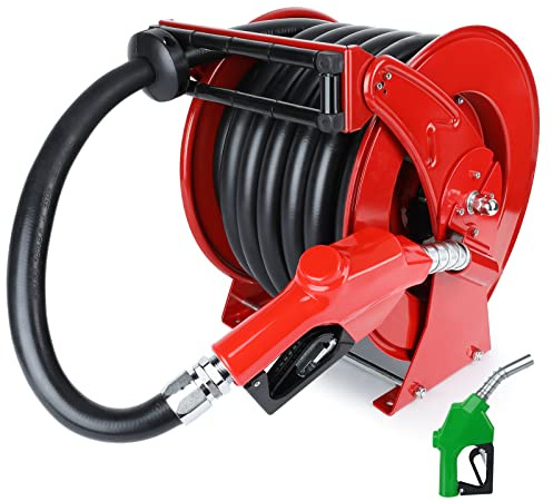 Fuel Hose Reel with Fueling Nozzle, 1 x 50FT Retractable Diesel Hose Reel, 300 PSI Industrial Heavy Duty Auto Swivel Rewind Hose Holder Reels, for Vehicle Tank Truck Trailer Ship