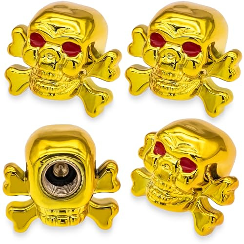 MEAJOO Skull Style Tire Valve Stem Cap, ABS Plastic & Copper, Universal Fit for Cars, Bikes, SUVs, Trucks, Motorbikes (Gold, 4 PCS)