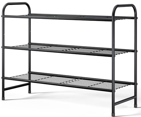 Kitsure Shoe Rack - Stainless Steel Shoe Organizer, Sturdy Shoe Rack for Closet and Front Door Entrance, Free Standing Shoe Shelf, Closet Organizers and Storage, 25.6 Wide - 3 Tier, Black