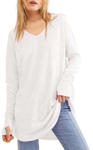 Ebifin Maglietta a maniche lunghe da donna, scollo rotondo, a maniche lunghe, maglietta basic a tunica.