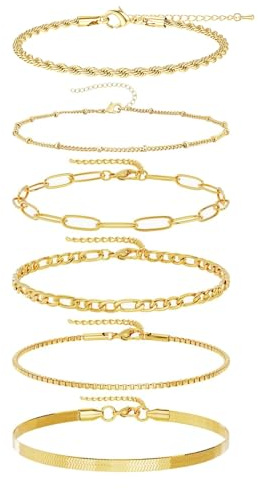 LFCFBH 6PCS 14K Gold Chain Bracelet Sets for Women Girls, Adjustable Stacking Gold Bracelet, Layered Metal Link Bracelet Fashion Jewelry