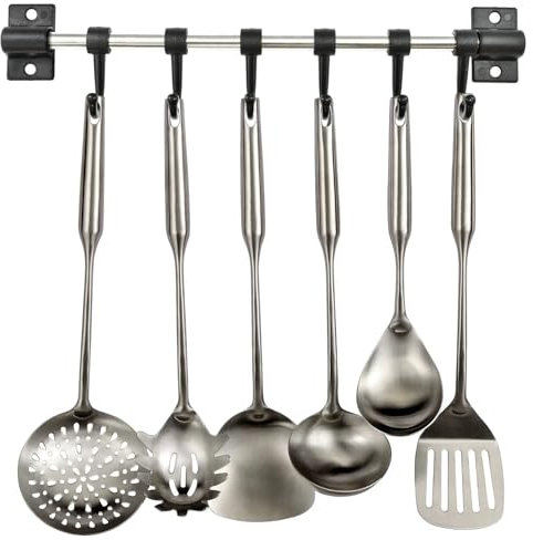 Kitchen Utensil Holder Rack Storage Rail Wall Mounted Tool Hanger With 6 Movable And Removable Sliding Hooks Space Saver Stainless Steel Tools Organizer Utensils Hanging Organize Bathrooms (1 Pack)
