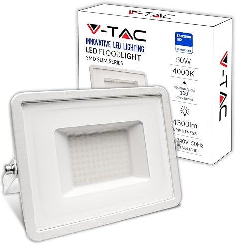 V-TAC Faro LED da Esterno Bianco 50W - 4300 Lumen - IP65 - Proiettore Faretto LED Nero per Casa, Giardino, Garage - Impermeabile, Luce Naturale