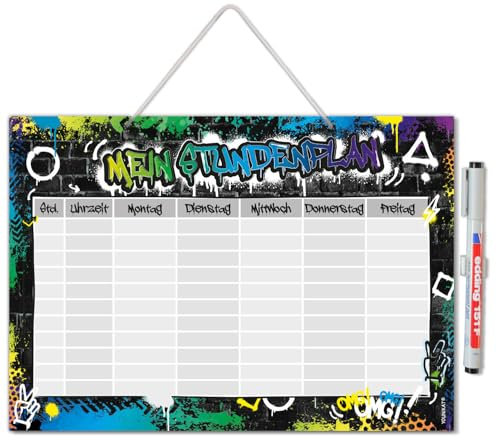 younikat Stundenplan abwischbar zum Aufhängen I Graffiti I inkl. Stift wiederbeschreibbar I Schulanfang I dv1457