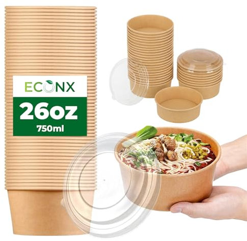 ECONX 26oz 750ml Kraft Salad Paper Bowls with Lids 20 Pcs Disposable Takeaway Bowls Salad Food Container for Hot Cold Food Leakproof Soup Containers for Business, Restaurant
