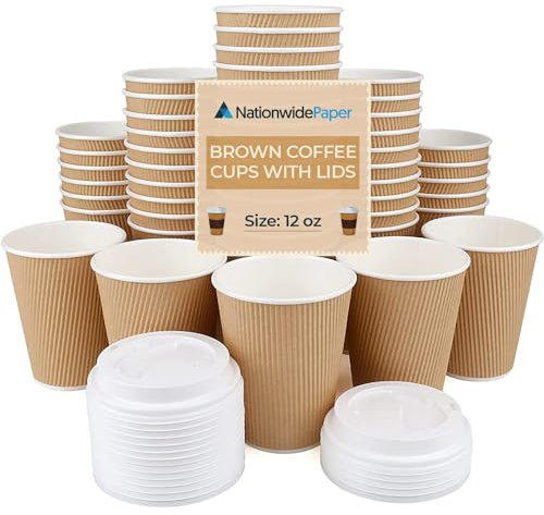 Nationwide Paper Ripple Takeaway - Tazas de café de papel con tapas, 30 tazas, 340.2 g, ideales para té, café, agua caliente, desechables, tapas incluidas, triple aislamiento térmico, para uso en