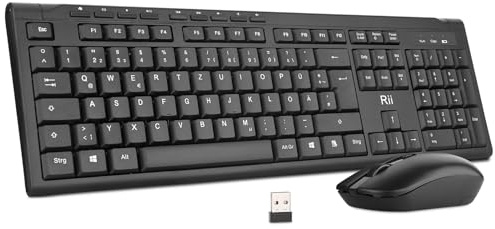 Rii Tastatur Maus Set Kabellos, Funktastatur mit Maus, 9 Shortcut-Tasten Wireless Keyboard and 4 DPI Mouse für Computer/Laptop/Windows/Mac, Deutsches Layout - Schwarz
