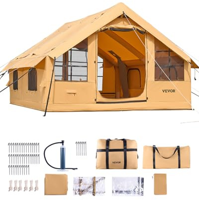 VEVOR Inflatable Tents for Camping, 5-8 Person Easy Setup Blow up Tent with Hand Pump, Luxury Glamping Tent with 2 Skylights, Canopy, Stove Jack 2 Doors & Mesh Windows (Storage Bag Included)