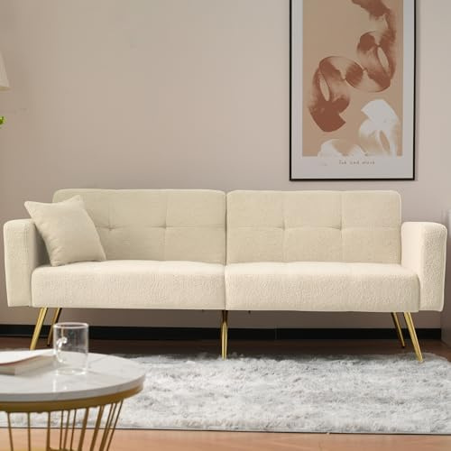 ModernLuxe Adjustable Sofa Sherpa Fabric Sofa Bed – 3 Reclining Angles, Gold Legs, High-Density Foam Cushion, Side Storage Pockets – Modern Convertible Sofa for Living Room & Guest Use Beige