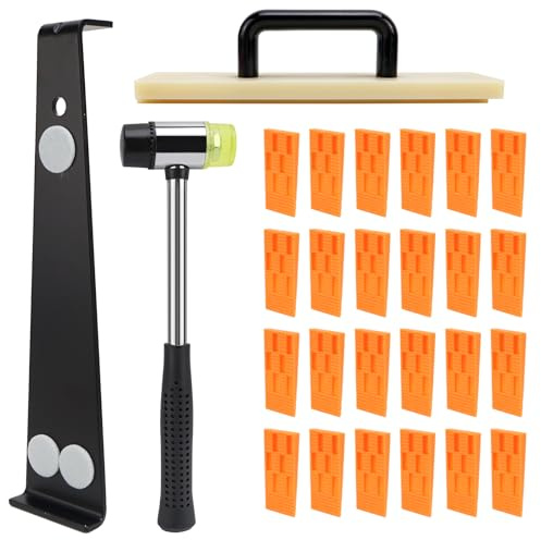 Laminate Laying Set, Vinyl Laying Set, 1 x Parquet Bump Block, 1 x Pull Iron Laminate, 24 x Laminate Spacers, 1 x Reinforced Double Faced Mallet (Laminate Laid)