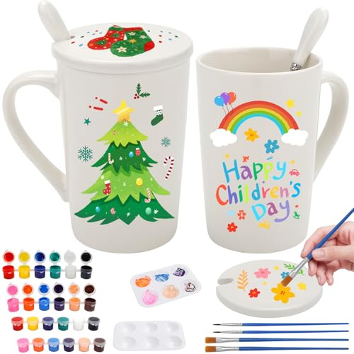 GIOVARA 2 Stück Keramik Tassen Bemalen Set für Erwachsene, Keramik Bemalen Set mit 2 Tassen, 12 Farben, Pinseln und Anleitung, Kreativ-Set für Erwachsene, Kinder - Weiße tassen zum bemalen