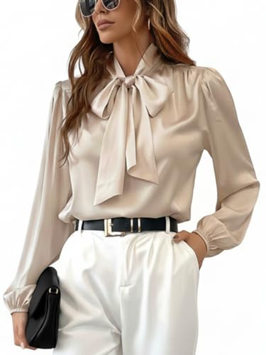CUPSHE Women's Blouses Long Sleeve Satin Shirts Bow Tie High Neck Tops Dressy Casual Beige M