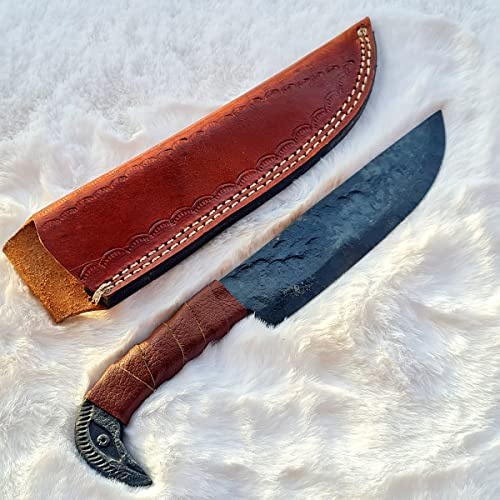 CRAFTOMATIK Cuchillo de cabeza de pájaro medieval | Cuchillo vikingo hecho a mano | Cuchillo celta para jardín y camping con funda de piel | LARP | HFK27