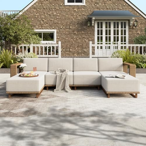 HERA'S HOUSE Patio Sectional Furniture Set, Modular Outdoor Conversation Sets with 5.3 Widened Armrest & 10 Thick Cushion, Yellow Wicker Rattan Sofa with 2 Ottomans for Deck Yard Lawn