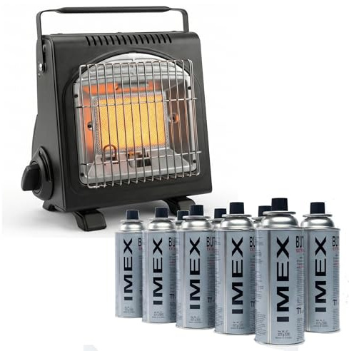 IMEX Gasvärme camping – 1,7 kW mobil tältuppvärmning med ODS syrebristsäkring och vältningsskydd – keramisk värmestrålare för utomhusbruk, fiske och nödsituationer (gasvärme med 8 gaspatroner)
