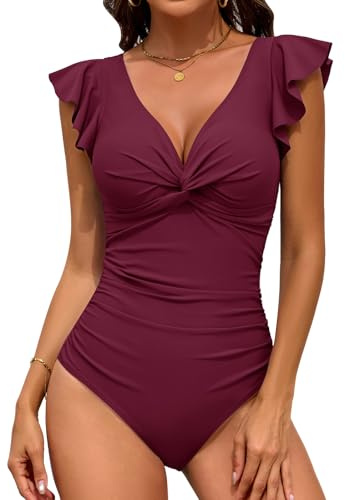 FemiChic Bañadores Mujer Reductores Vientre Plano Traje de Baño Una Pieza con Volantes Cuello en V Swimsuit con Fruncido para Piscinas de Playa (Fucsia,XXL)
