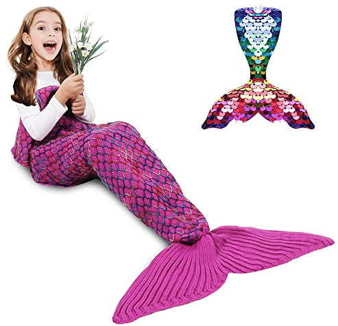 AmyHomie Mermaid Tail Blanket, Soft Crochet Sleeping Bag Blanket for Kids Adults, Mermaid Gift for Girls(Rainbow,Kids)