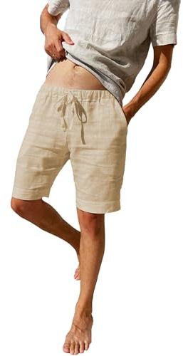 LVCBL Pantaloncini da Uomo in Tessuto di Lino, Leggeri e ariosi, vestibilità Larga, Pantaloni Corti per Il Tempo Libero, Cachi, XXXL