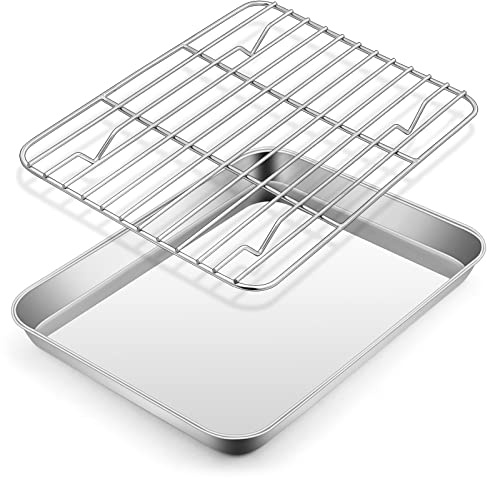 Metal Toaster Oven Tray Set, E-far 10.5”x8.3” Small Stainless Steel Baking Pan with Wire Rack for Cooking Broiling, Rimmed Metal Sheet for Roasting Cooling Cookie Bacon Steak