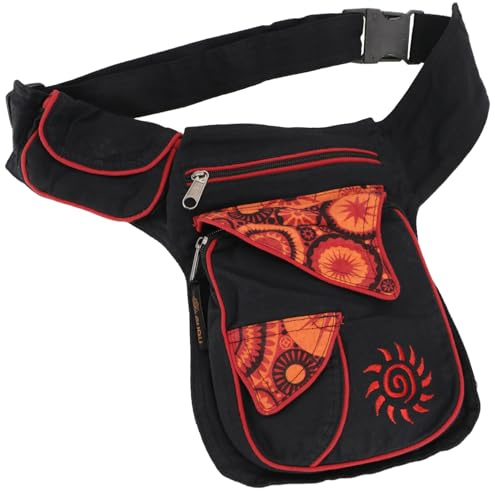 GURU SHOP Stoff Sidebag & Gürteltasche, Goa Hüfttasche, Bauchtasche - Schwarz/rot, Herren/Damen, Baumwolle, Size:One Size, 28x20x3 cm, Festival- Bauchtasche Hippie