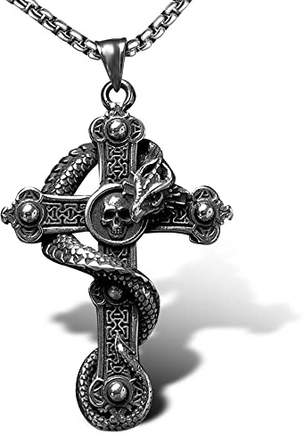 bahamut Collar con colgante de cruz y espada de dragón para hombre, acero inoxidable, gótico, vintage, joyería genial con cadena, 25x2.2x2.2inch, Acero inoxidable, No es una piedra preciosa