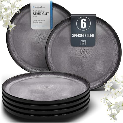 Juego de 6 Platos Grandes de Gres Ibiza - Elegantes Platos para Comida, Apto para Lavavajillas y Microondas - Set de Vajilla para 6 Personas - Pure Living en gris oscuro