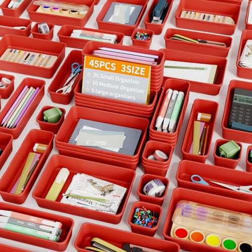 Giklux Lot de 45 Organisateur Tiroir 3 Tailles, Boite Rangement Plastique Salle de Bain, Separateur pour Coiffeuse, Cuisine, Maquillage, Boîte Bac de Rangement, Rouge