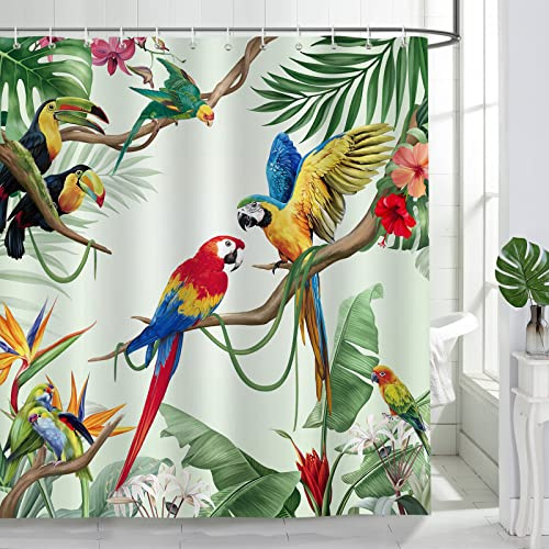 Bonhause Duschvorhang Tropische Vögel Papagei Tukan Palmblätter Duschvorhänge 180 x 200 cm Anti-Schimmel Wasserdicht Polyester Stoff Waschbar Bad Vorhäng für Badzimmer mit 12 Haken