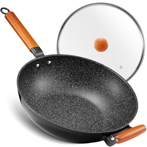 BEZIA Induction Wok Pan with Lid, Nonstick Wok 33cm, Stir-Fry Wok with Wooden Handle, Flat Bottom, Suitable for All Hobs, Granite