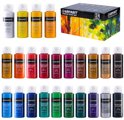 Anyart Acrylfarben Set 24 Farben 1440ml Acrylic Acryl Paint für Leinwand Papier Stein Holz Keramik Stoffe Wasserfest Lichtecht Schnell Trocknend Maler Künstler
