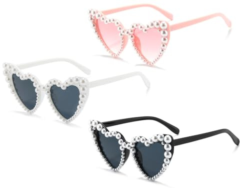 Hitopin 3 Pièce Lunette de Soleil avec Perles, Lunettes de Soleil Cœur Femme avec Perles, Lunettes de Soleil en Forme de Cœur Perles, Retro Lunettes Coeur Perles,pour Voyage,Fête en Plein Air