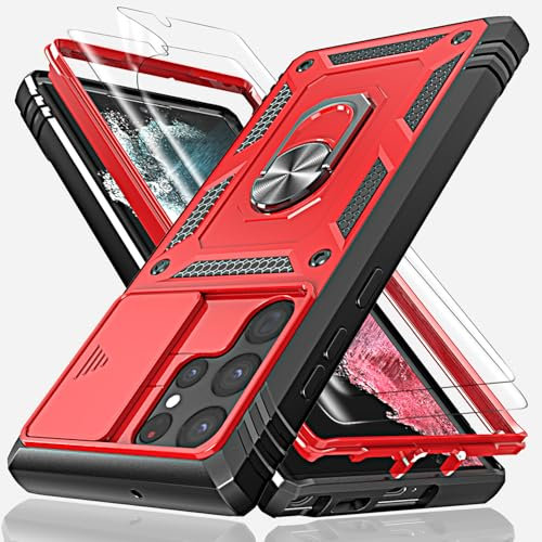 for Samsung S22 Ultra Case with Camera Cover Slider, 2*Screen Protectors,Build in 360°Rotating Ring Kickstand, Military Grade Protective Case for Samsung Galaxy S22 Ultra 5G 6.8-Black/Red