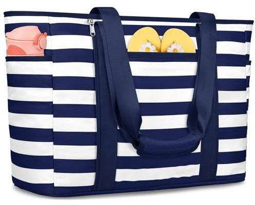 KTUEOV Strandtasche XXL Familie, 45L Wasserdicht Strandtasche mit Reißverschluss 12 Fächer Badetasche Damen Leichte und Faltbares Beach Bag Tote Bag Shopper Damen für Strand Pool Reisen Fitnessstudio