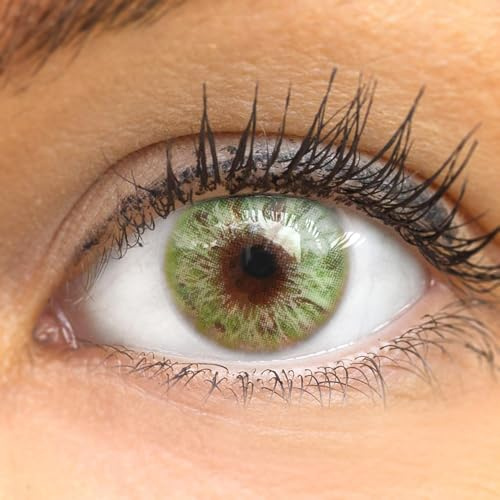 GLAMLENS Lenti a contatto colorate verdi Merida Green - mensili - con porta lenti a contatto - verde naturali in silicone idrogel - 2 pezzi - DIA 14.20 - senza correzione 0.00 diottrie