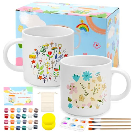 Scettar Paintable Mug Kit, Tazze da Dipingere Kit, Set di Ceramica Fai Da Te, Include Tazze, Colori, Pennelli, Spugne, Tavolozze, Borsa Portaoggetti, Manuale di Istruzioni, Regalo Creativo per Adulti