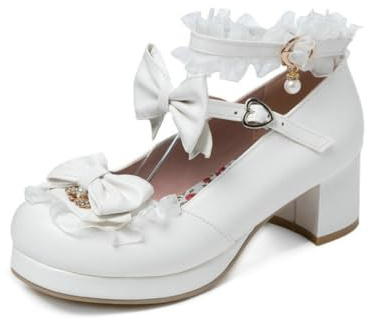 GYYZAYH Femmes Rose Lolita Escarpins Kawaii Bowknot Mary Jane Chaussures Chunky Heel Goth Punk Dress Court Shoes,Blanc,44 EU