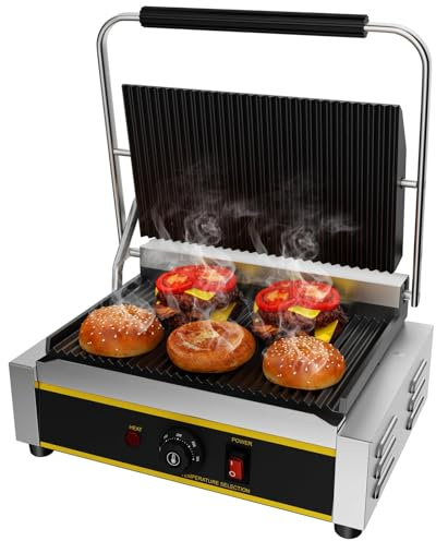TAIMIKO 2200W Commercial Electric Panini Press Grill, Professional Sandwich Maker With Grooved Contact Grill, Burger Toaster,Ribbed Contact Grill (Double Ribbed)
