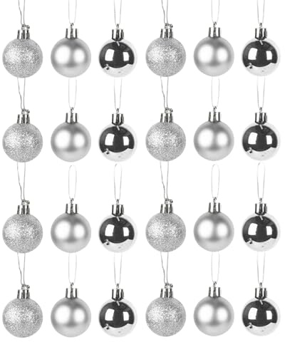 24 bolas de Navidad plateadas, para árbol de Navidad, de plástico, plateadas, con purpurina, 3 cm