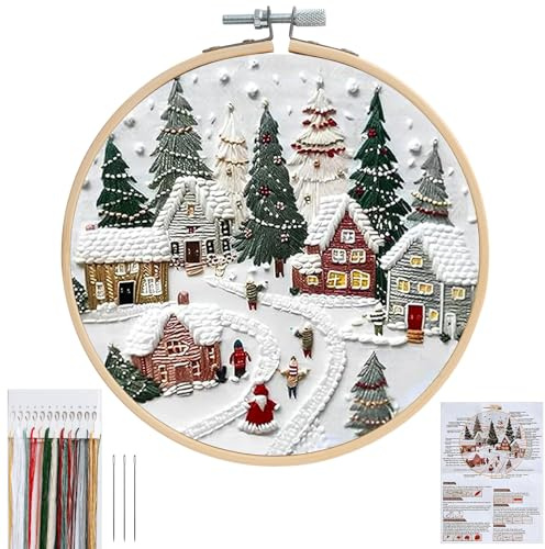 QEEYON Christmas Embroidery Kit, DIY Embroidery Needlepoint Starter Kits for Beginners Adults, Christmas Embroidered Stitch Includes Hoop Cloth Needles Threads, Handmade Craft Kits for Hobby Gift