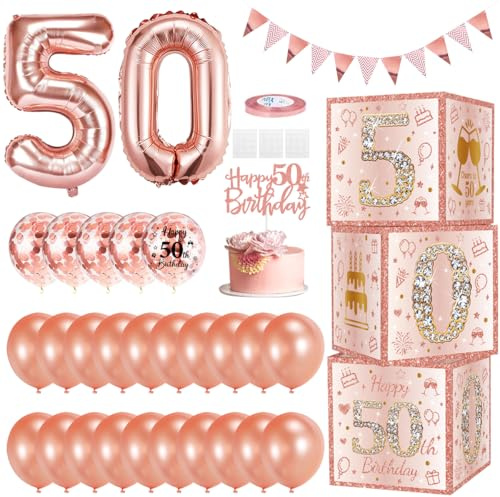 Globos de Cumpleaños 50 Años, Decoraciones para 50º Cumpleaños con 3pcs Caja de Cumpleaños oro rosa, Globos Foil Número 50, Globos de Oro Rosa y Lentejuelas, para Decoracion 50th Fiesta