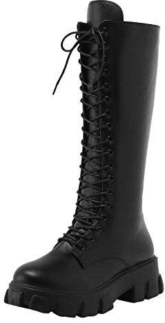 Botas Militares Mujer Altas - Botas Cordones Mujer Suela Gruesa Retro Sólido Rectos hasta La Rodilla Punta Redonda Bota Cremallera Lateral Talla Grande Elegante Otoño Invierno Moda Elasticos Bota