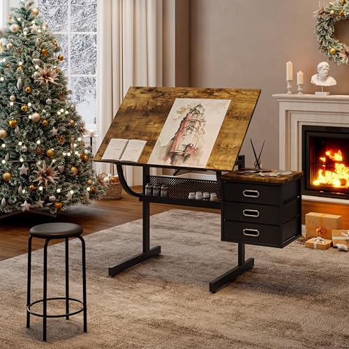 ALYIAMXL Drafting Table Desk w/Stool, Painting Drawing Table Art Craft Desk Crafting Table with MDF Top, 3 Storage Drawers and Powder-Coated Steel Frame (Rustic Brown)