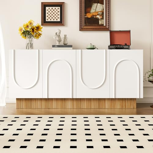 Merax Buffet 160 x 38 x 75 cm, avec 4 portes, façade mate aspect bois, grand espace de rangement, armoire multifonction pour salon, salle à manger, blanc