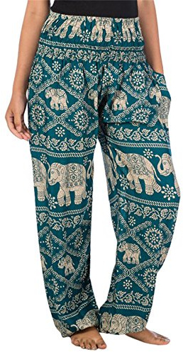 Lofbaz Femme Éléphant 1 Smocked Taille Boho Harem Pantalon Vert Teal 2XL
