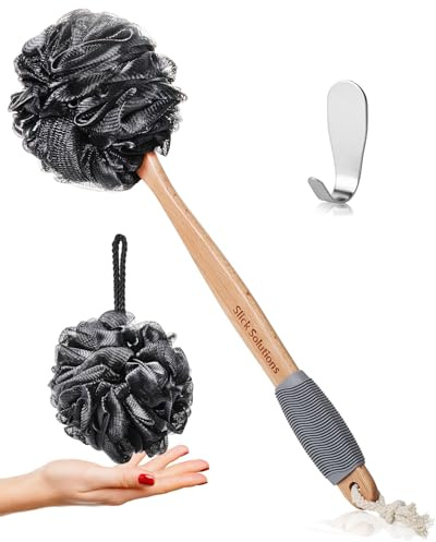Slick- Loofah with Handle, 17, Gray, Loofah Back Scrubber with Long Wooden Handle, Shower Supplies