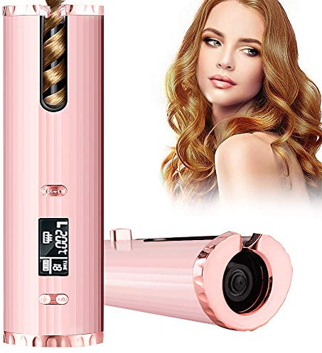 Ferro Arricciacapelli Automatico Intelligente,Ferro Arricciacapelli Intelligente con Display LCD, Arricciacapelli Ricaricabile e Senza Fili, 6 Temperature Regolabile (Rosa)