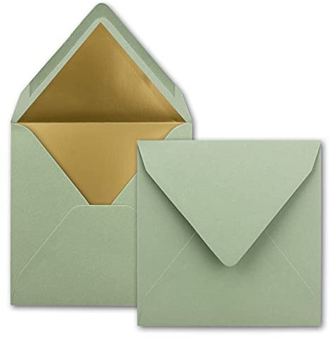 50 quadratische Brief-Umschläge - 15,5 x 15,5 cm, Eukalyptus (Grün) - mit Gold-Papier gefüttert - Nassklebung - FarbenFroh by GUSTAV NEUSER