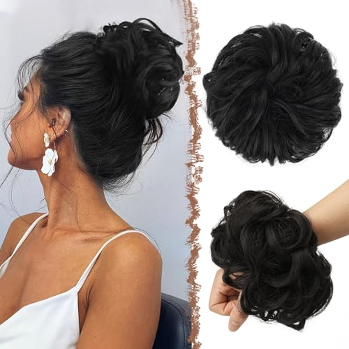 FESHFEN Chignon Finto per Capelli, Elastici Chignon Finti Sintetica Ondulato Capelli Naturale Coda di Cavallo Nero naturale Posticci per Capelli Spessi Updo per Donne Ragazze, 55g