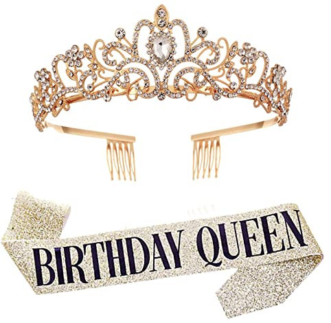 Leixi Birthday Queen Sash & Rhinestone Tiara Set, Birthday Sash and Tiara for Women Birthday Decoration Kit Rhinestone Headband for Girl Glitter Crystal Hair Accessories for Party (Gold)